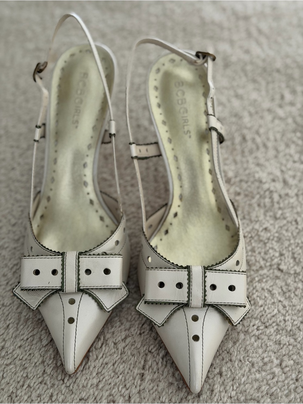 BCBGirls Cream Pointed Toe Slingback Heels with Bow Accent